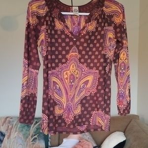 Lucky Brand Blouse Large Brown Boho V-Neck Cotton